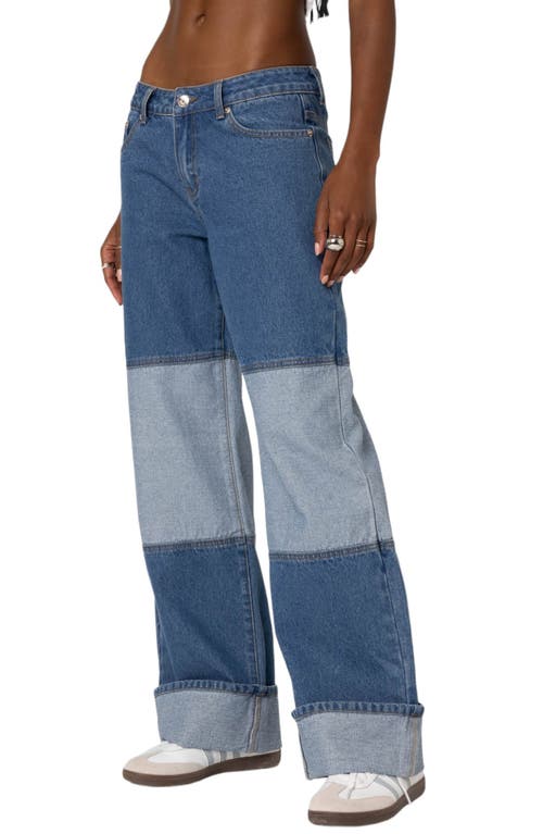 Shop Edikted Lindsey Cuffed Two-tone Wide Leg Jeans S In Blue