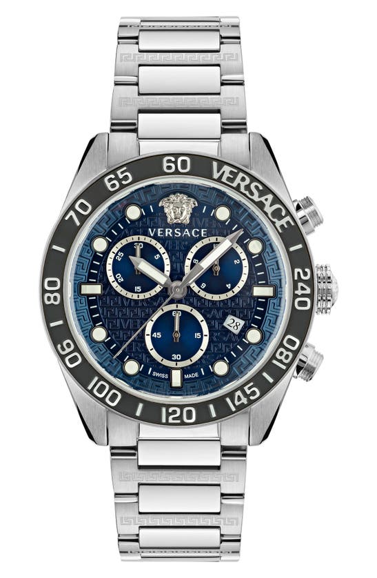 Versace Men's Greca Dome Chronograph Stainless Steel Bracelet Watch, 43mm In Blue/silver