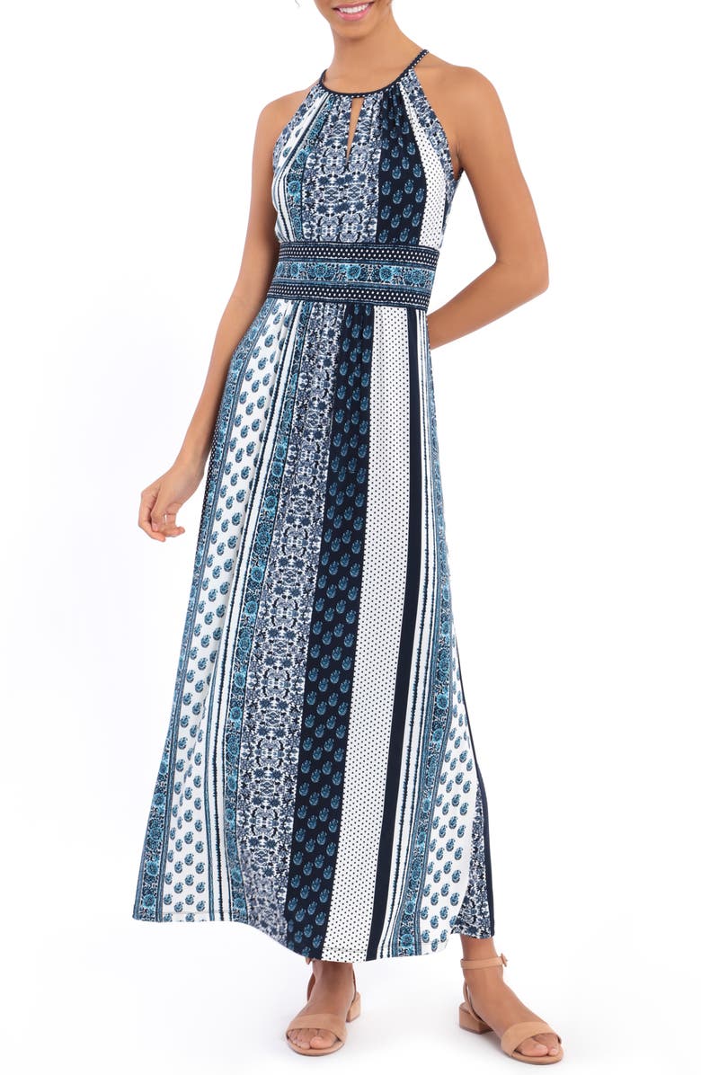LONDON TIMES Striped Print Halter Maxi Dress, Main, color, SOFT WHITE/BLUE