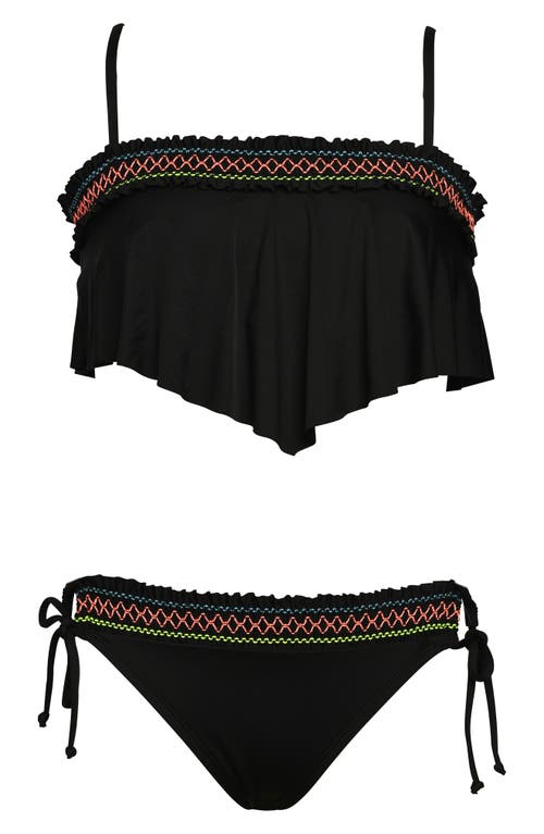 Hobie Kids' Smocked Flounce Two-Piece Swimsuit Black at Nordstrom,