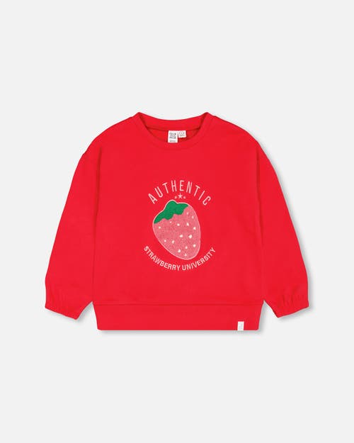Deux Par Deux Girl's French Terry Sweatshirt With Strawberry Applique True Red at Nordstrom, Size 8