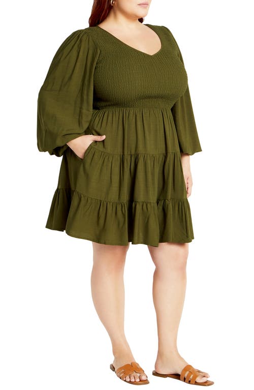 Shop City Chic Jemma Smocked Bodice Long Sleeve Dress In Dark Olive