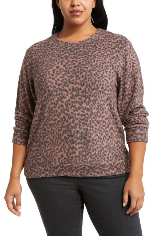 Loveappella Loveapella Brushed Leopard Print Long Sleeve Crewneck Top In Mauve/black