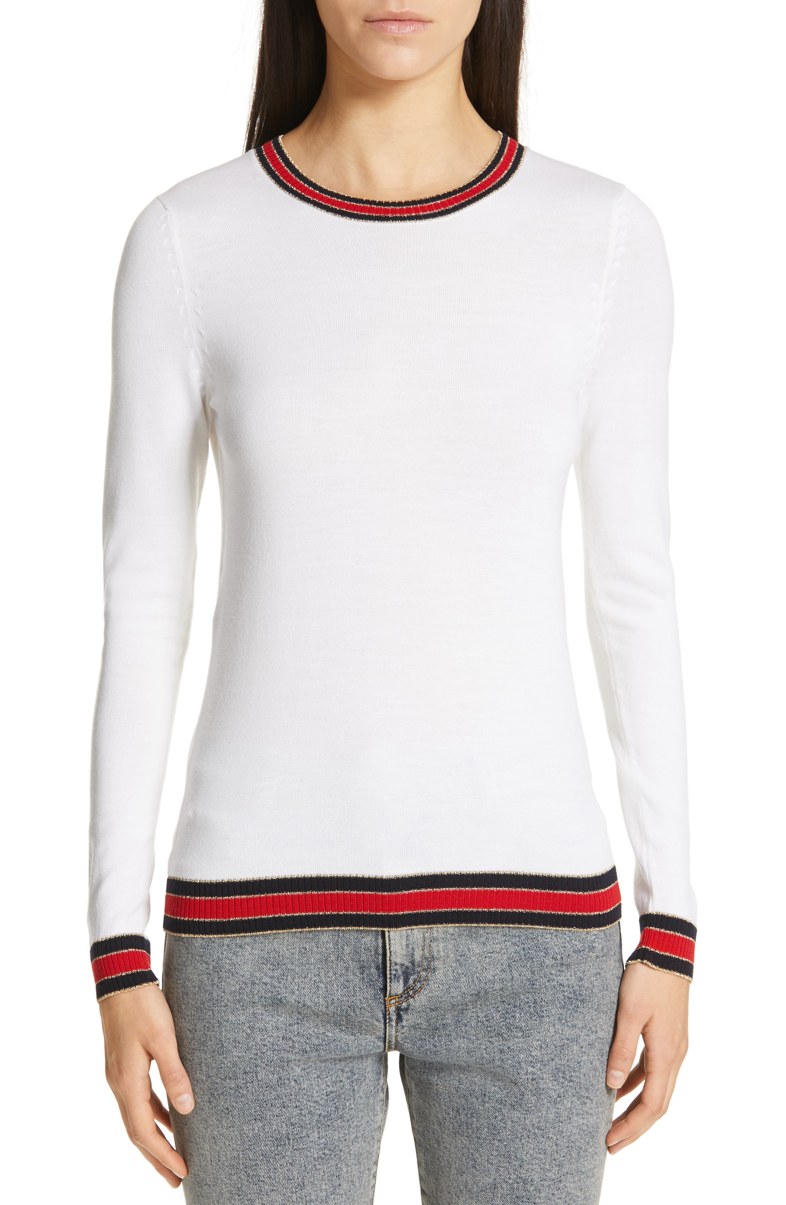 Gucci Stripe Trim Wool Sweater, White