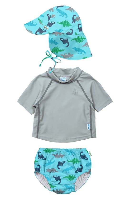 Green Sprouts Babies' Bucket Sun Hat, Long Sleeve Rashguard & Reusable Swim Diaper Set In Aqua Simple Dino