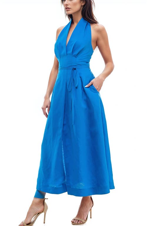 Shop Socialite Pleated Halter Midi Sundress In Indigo Bunting