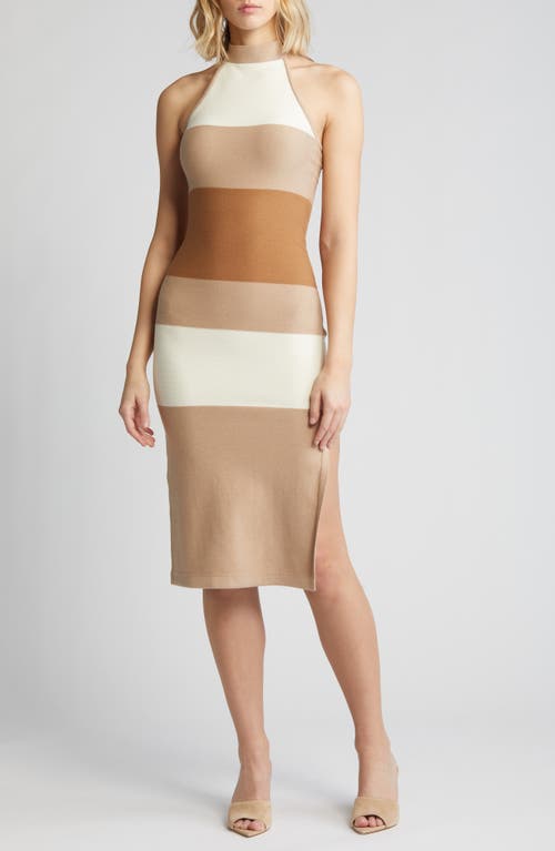 High Neck Colorblock Rib Midi Dress in Brown/Multi