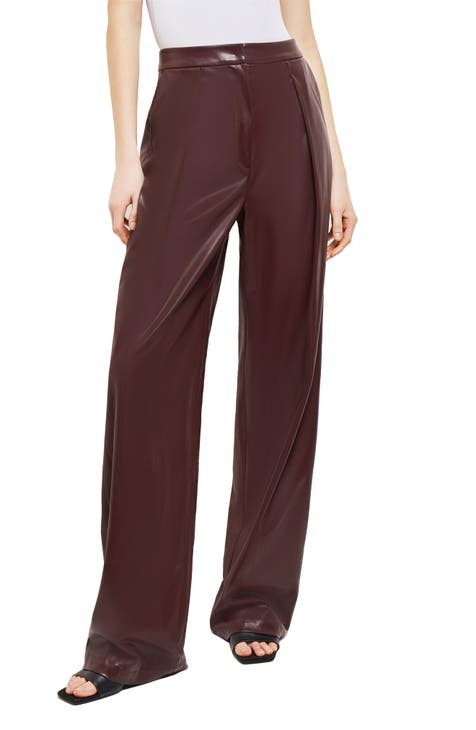 Pleated Straight Leg Faux Leather Trousers