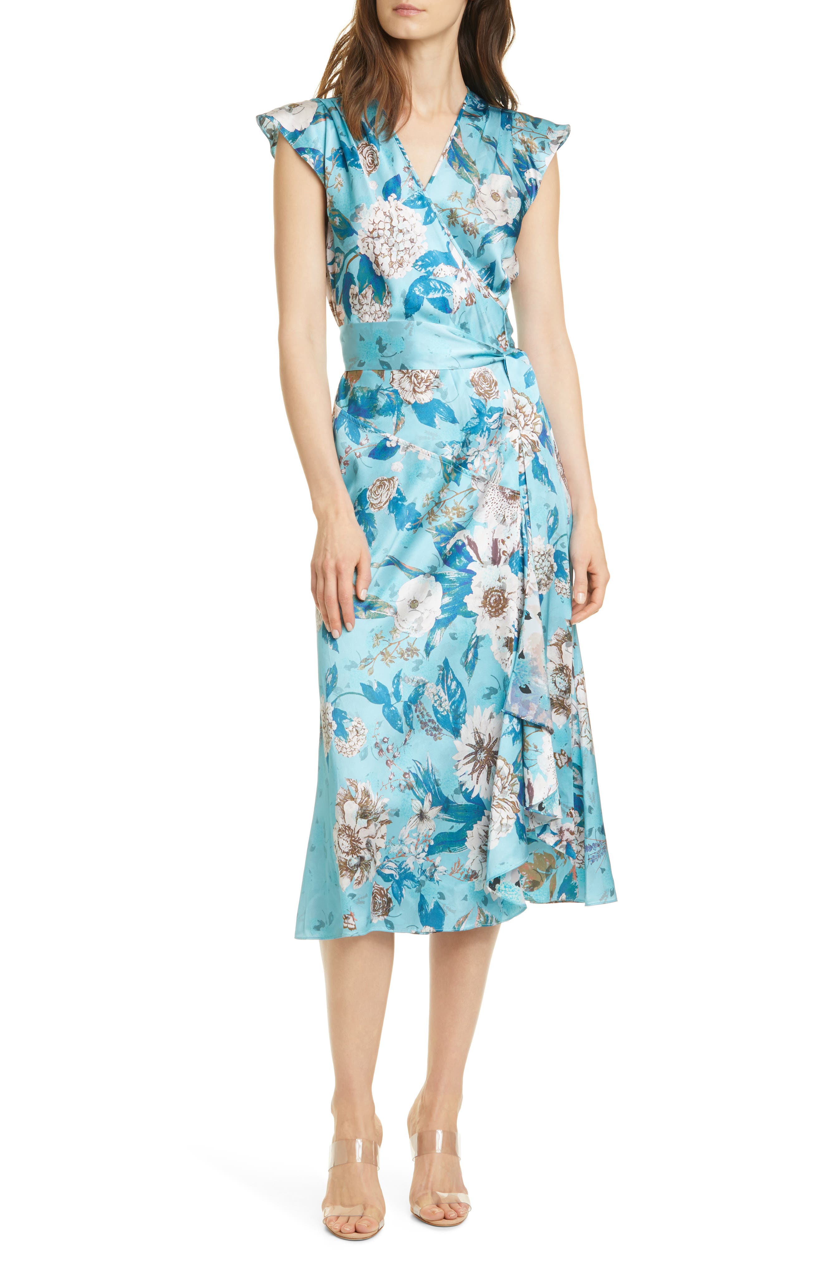 teal floral midi wrap dress