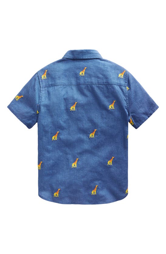 Shop Mini Boden Kids' Giraffe Embroidered Short Sleeve Linen & Cotton Button-down Shirt In Chambray Giraffe Embroidery