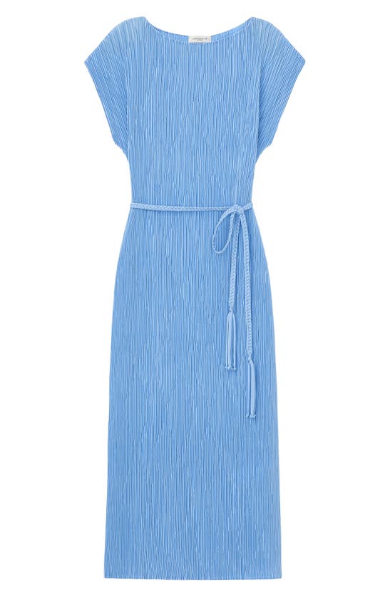 Shop Lafayette 148 Belted Plissé Recycled Polyester Satin Dress In Sky Blue