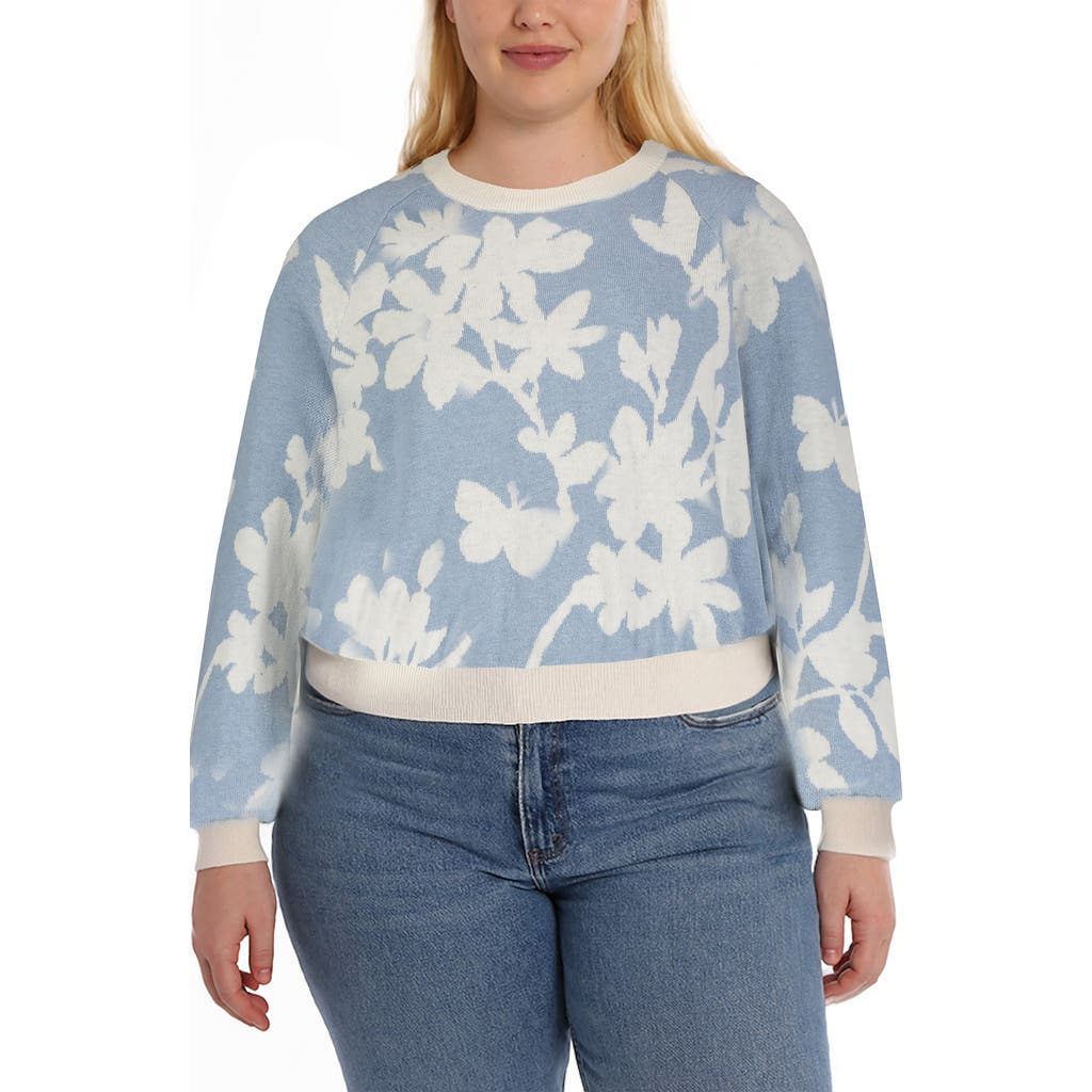 Minnie Rose Plus Size Cotton Blend Long Sleeve Reversible Floral Crew Sweater In Fresco Blue/starch