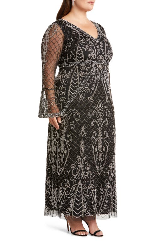 Shop Pisarro Nights Embellished Sheer Long Sleeve Gown In Black/silver