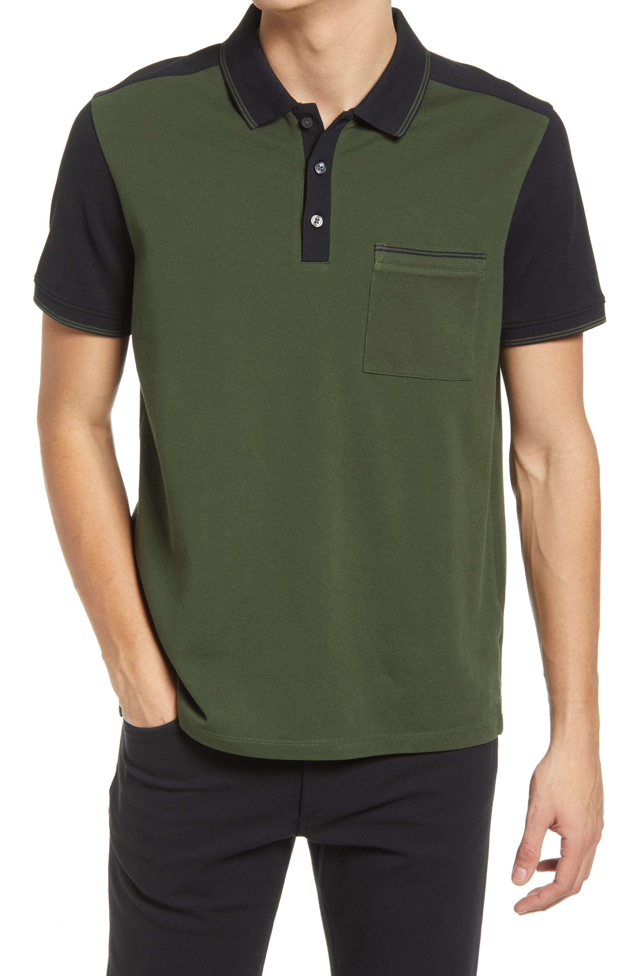dark green polo shirt