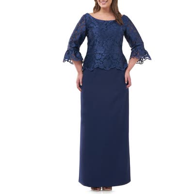 Plus Size Js Collections Embroidered Mesh Peplum Gown, Blue