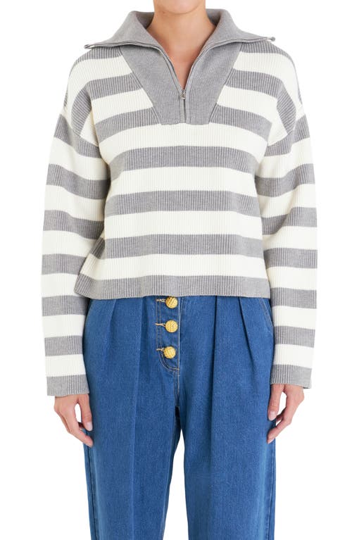 English Factory Stripe Half Zip Crop Sweater In Grey/ Ivory