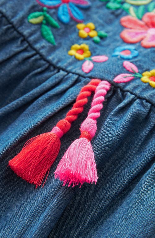 Next Kids' Floral Embroidered Denim Caftan Dress In Indigo