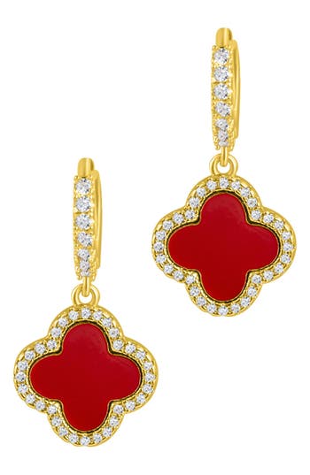 Adornia 14k Gold Plated Crystal Halo Orange Clover Dangle Huggie Earrings In Gold/orange
