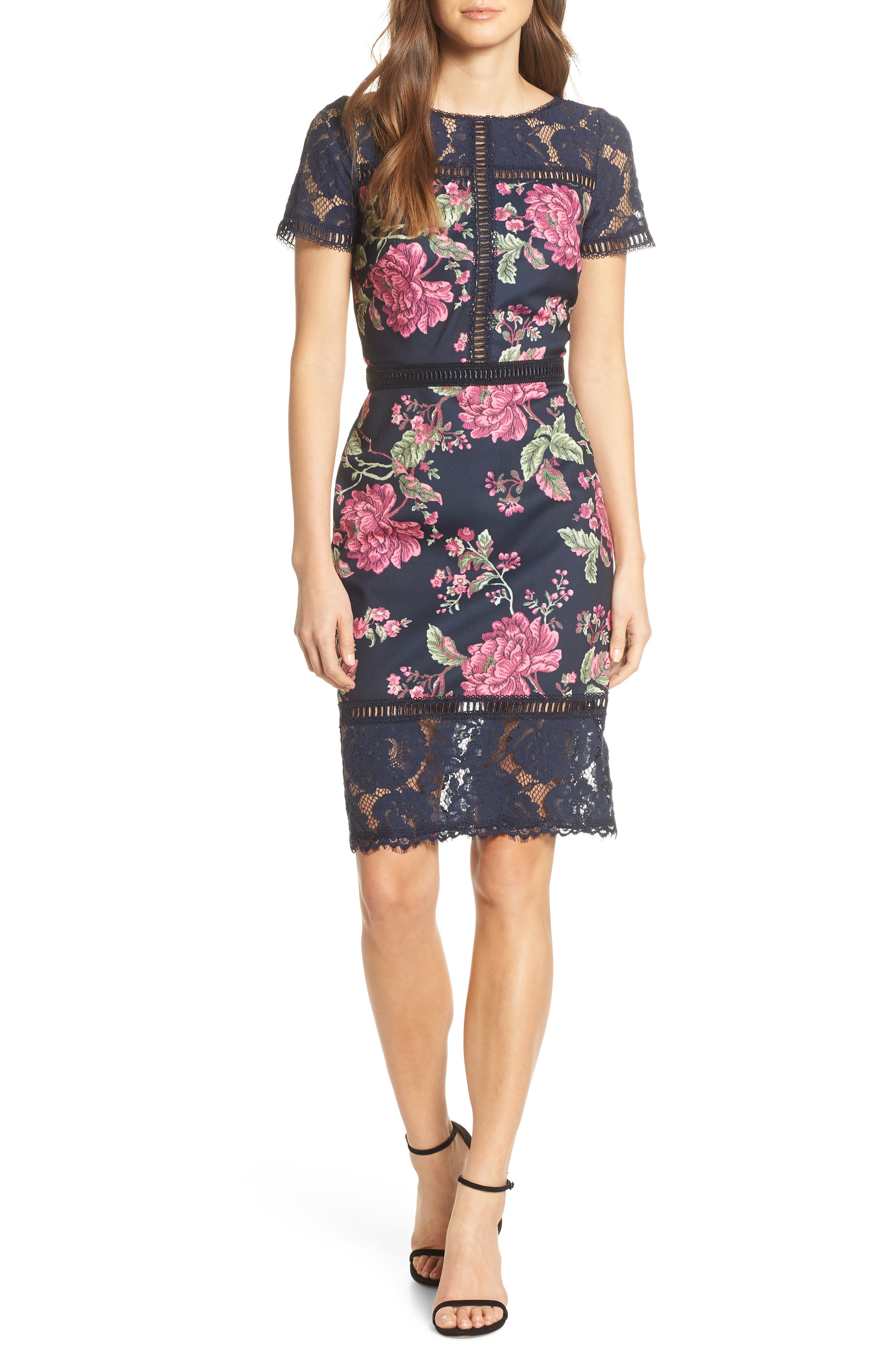Tadashi Shoji Floral & Lace Sheath Dress, Blue