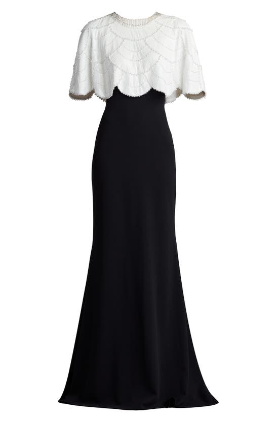 Shop Tadashi Shoji Sequin Cape Bodice Gown In Ivory/ Black