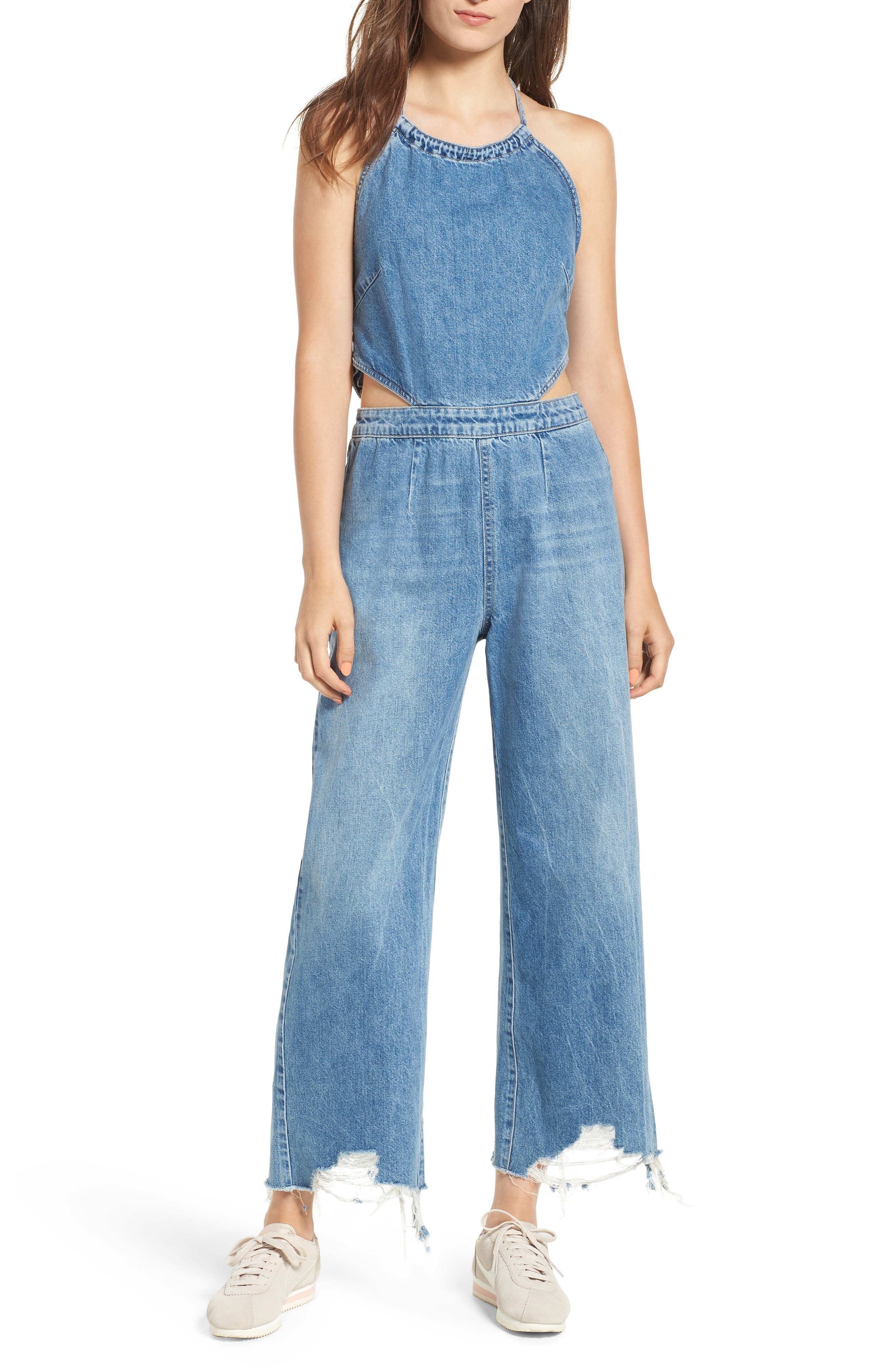 denim halter jumpsuit