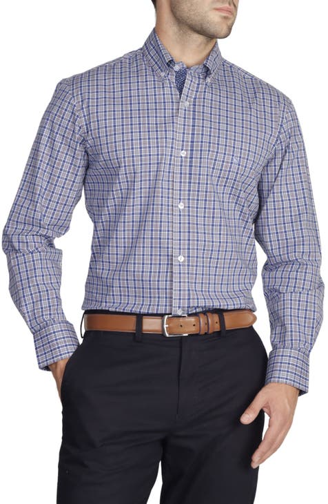 Grey Check Long Sleeve Cotton Stretch Button Down Shirt