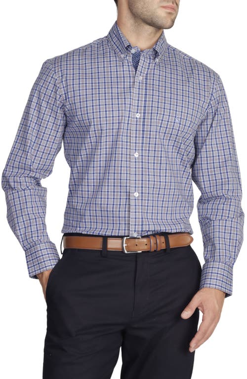 Shop Tailorbyrd Grey Check Long Sleeve Cotton Stretch Button Down Shirt In Blue/grey