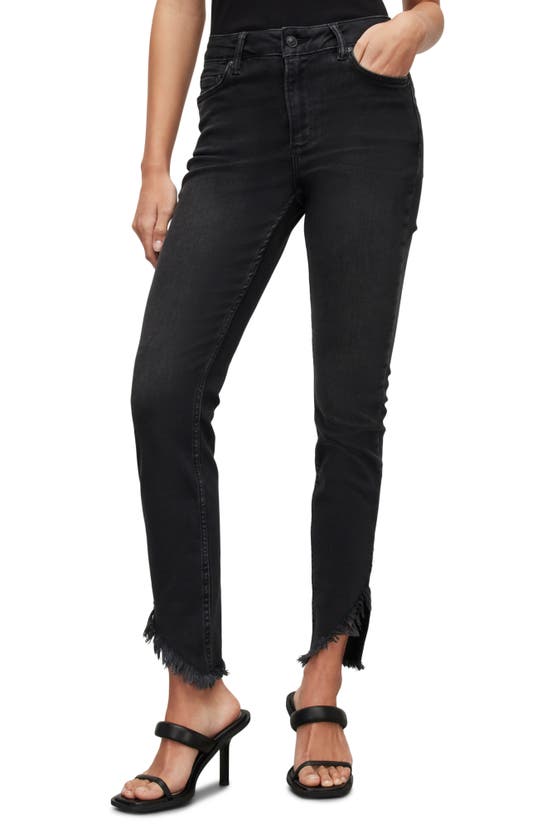 Allsaints Dax Frayed Asymmetric Hem Skinny Jeans In Washed Black