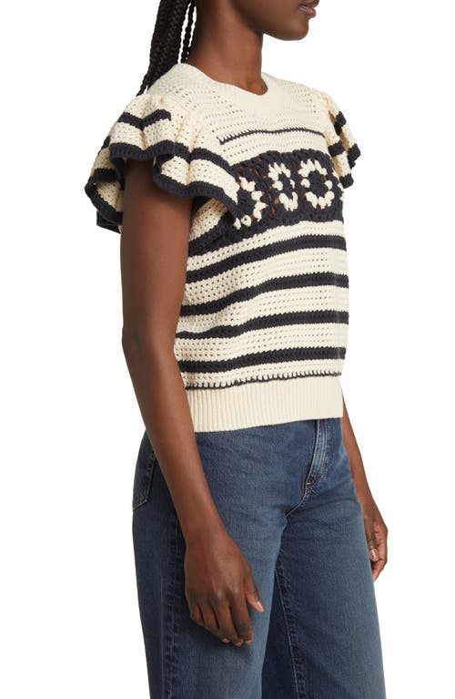Rails Penelope Flutter-sleeve Crochet Blouse In Oat Navy Crochet Stripe