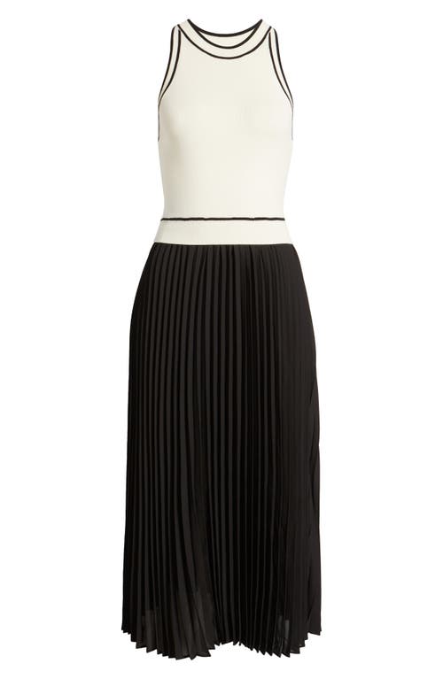 Shop Zoe And Claire Pleated Skirt Mixed Media Midi Dress In Ivory/black