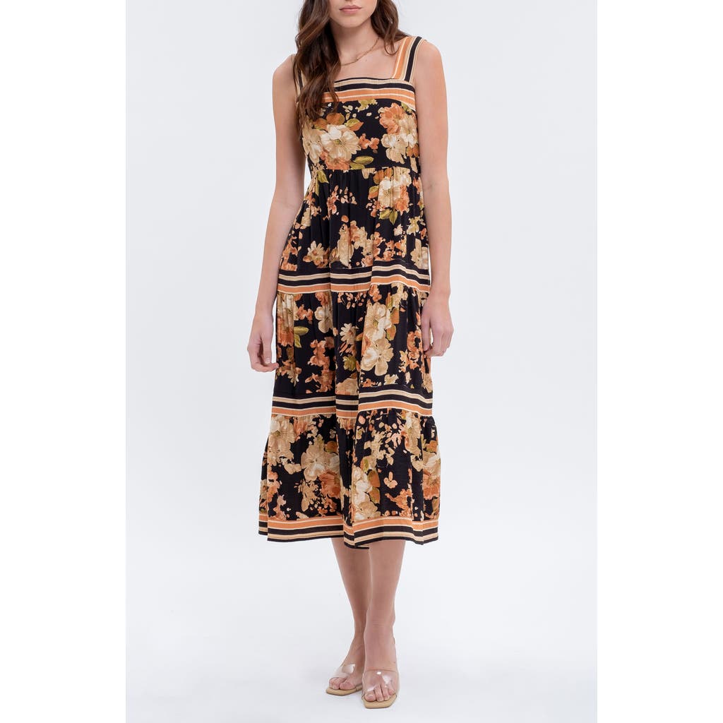August Sky Sleeveless Tiered Midi Dress In Black Multi
