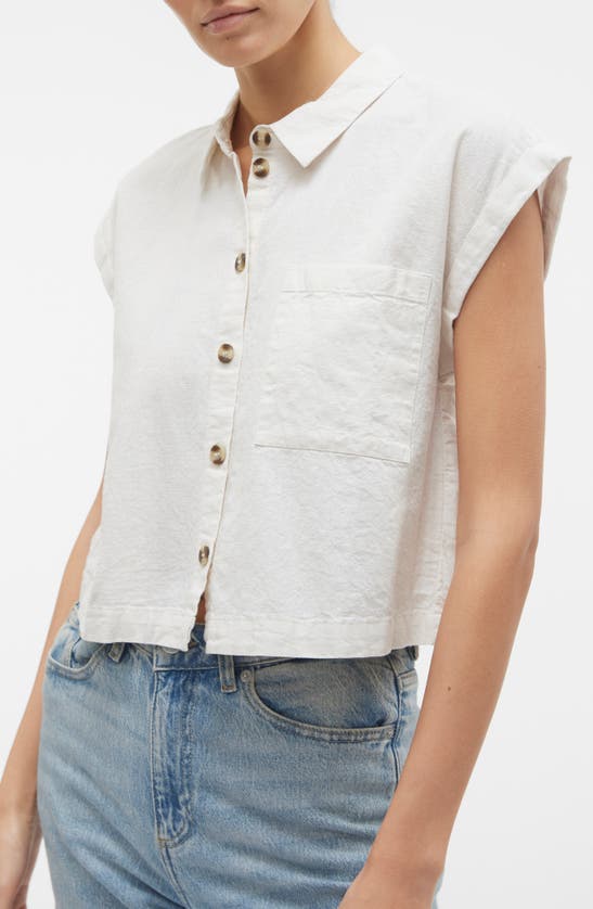 Shop Vero Moda Luna Cap Sleeve Crop Button-up Shirt In Birch