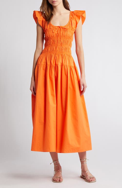 Smocked Bodice Cotton Midi Dress in Orange