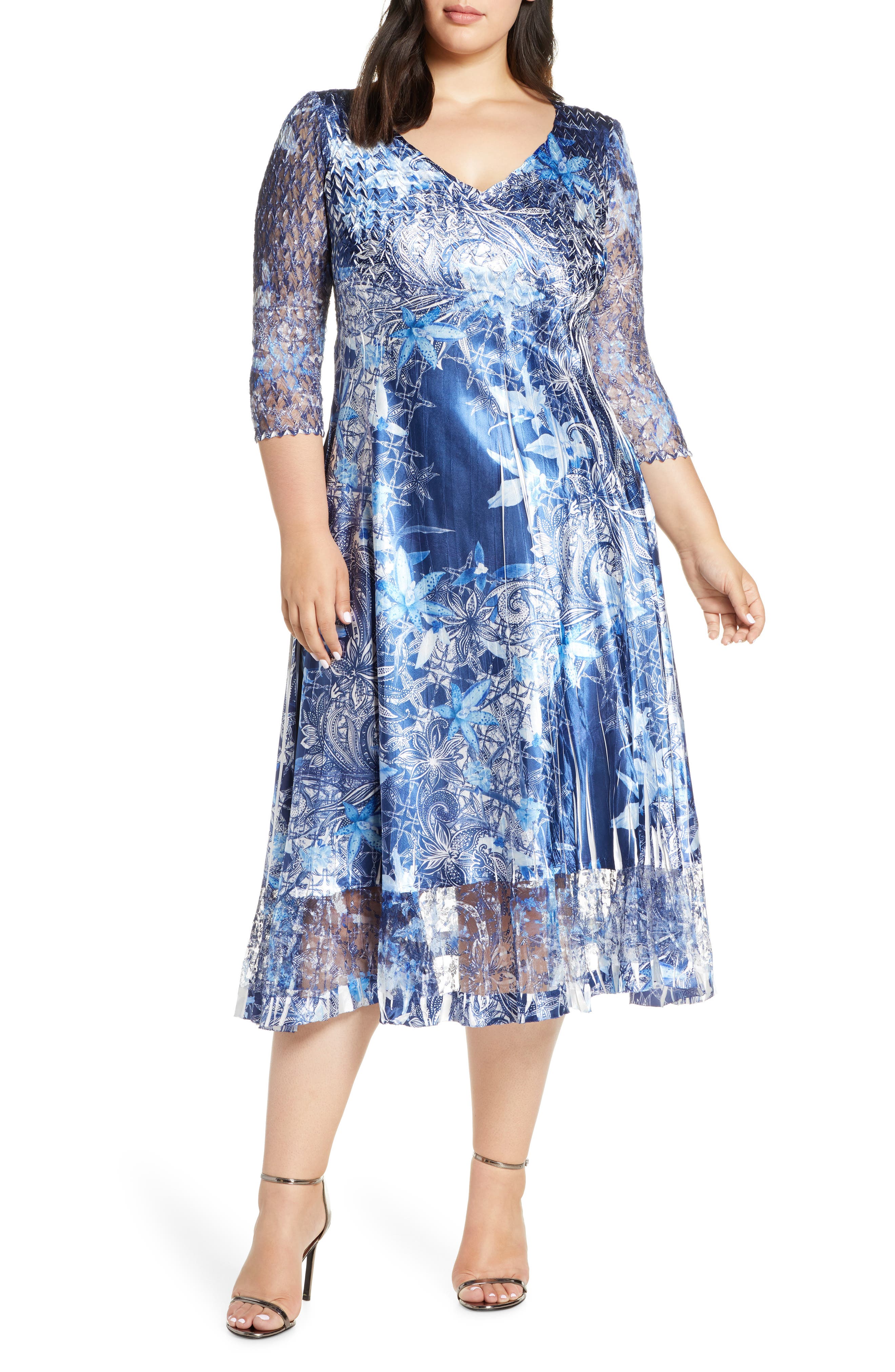 Plus Size Komarov Floral Print Charmeuse Tea Length Dress, Blue