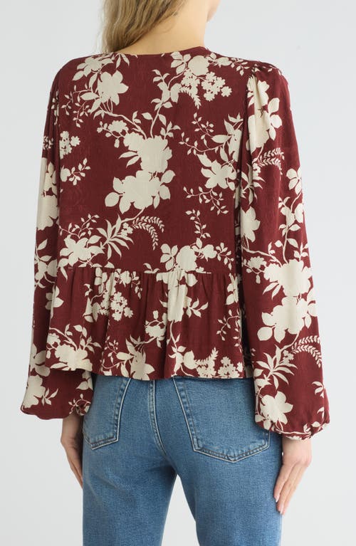 Shop Renee C Floral Long Sleeve Tie Front Crop Top In Burgundy