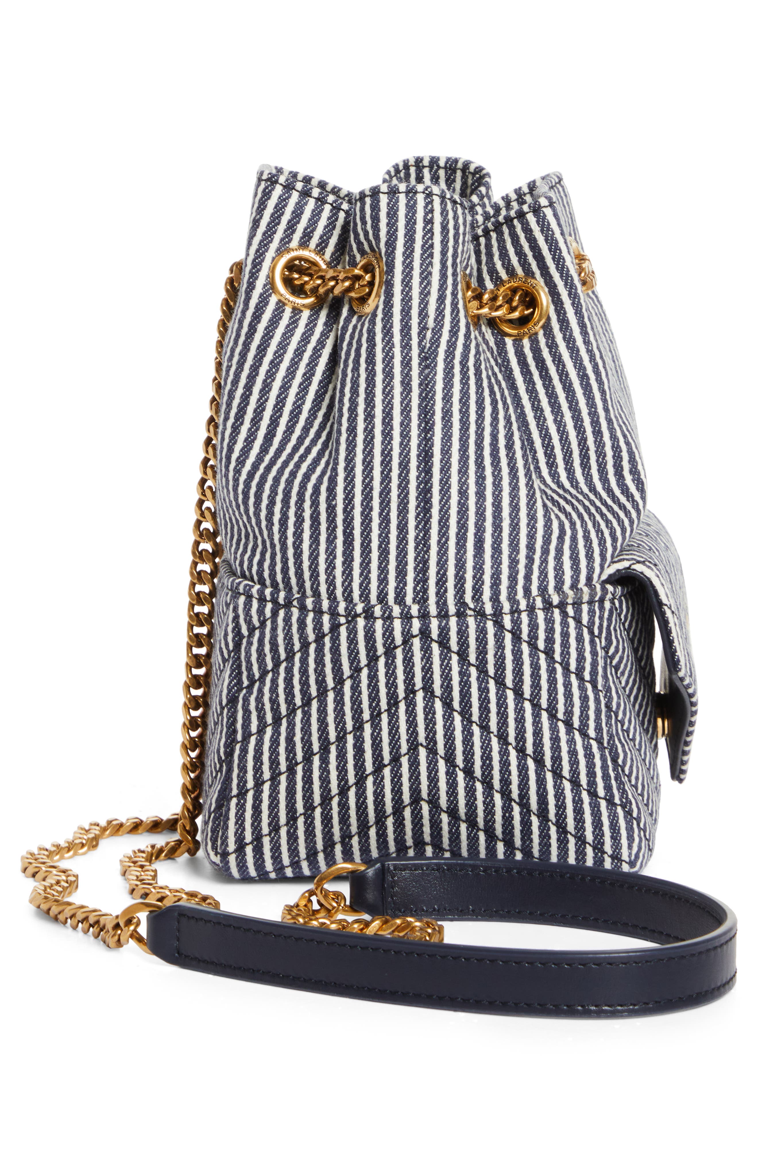 SAINT LAURENT Canvas Striped Mini Joe Bucket Bag Deep Marine Cream