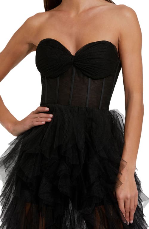Mac Duggal Strapless Bustier Net Gown With Spiral Ruffles In Black