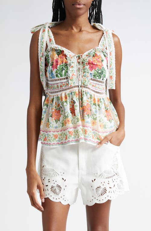 Farm Rio Bloom Garden Crochet Detail Peplum Top In White