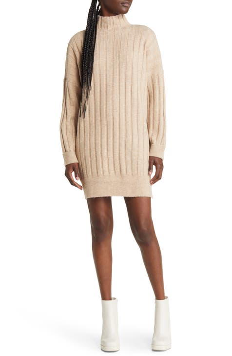 Boxy Ribbed Funnel Neck Long Sleeve Dress (Regular & Petite)