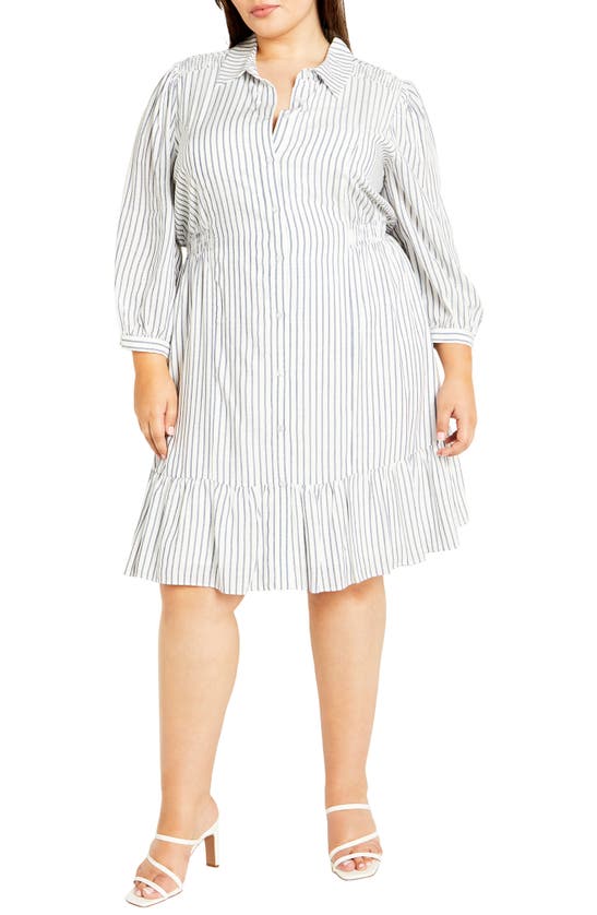 Shop City Chic Flynn Stripe Long Sleeve Shirtdress In Navy Stripe