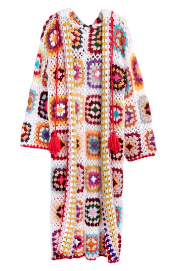 Saachi Hooded Square Crochet Ruana In White Combo