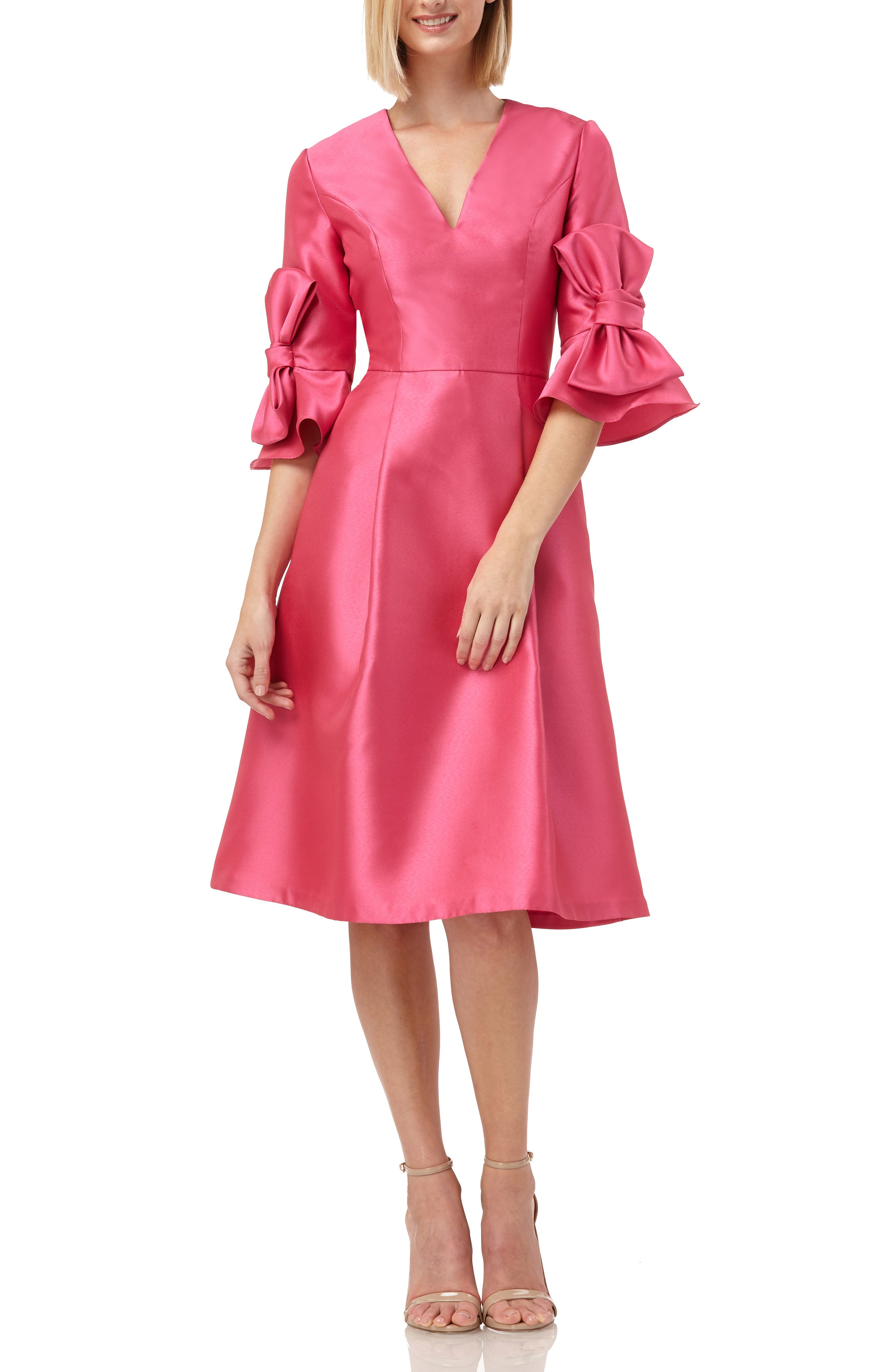 Kay Unger Bow Sleeve Mikado Fit & Flare Dress, Coral