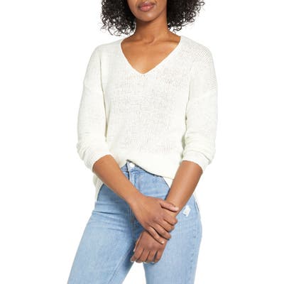 Cotton Emporium Open Stitch V-Neck Sweater, White