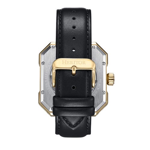 Heritor Automatic Campbell Leather-band Skeleton Watch In Gold