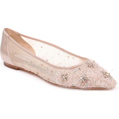 Badgley Mischka Adrienne Crystal Embellished Skimmer Flat, Beige