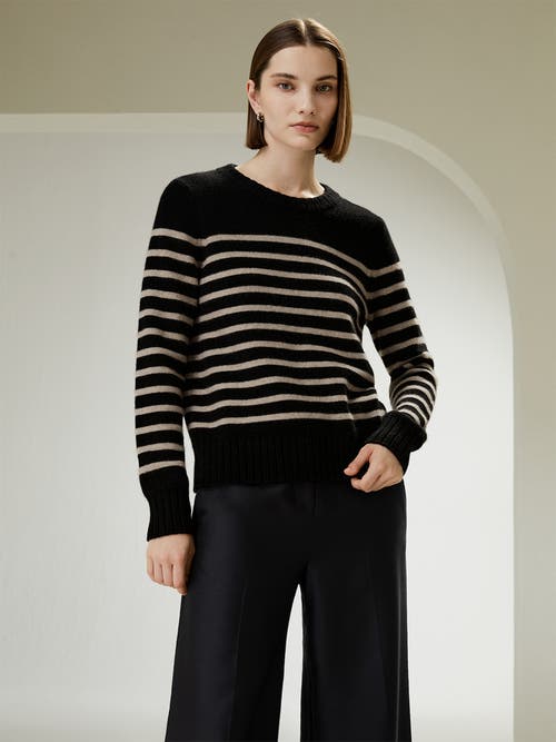 Shop Lilysilk Striped Round Collar Cashmere Sweater In Black