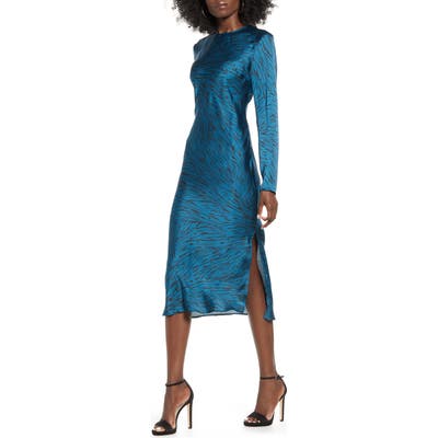 Leith Bias Cut Side Slit Satin Dress, Blue/green