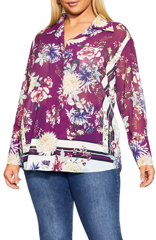 City Chic Sophia Floral Long Sleeve Button-Up Blouse Seafoam Festival B at Nordstrom,