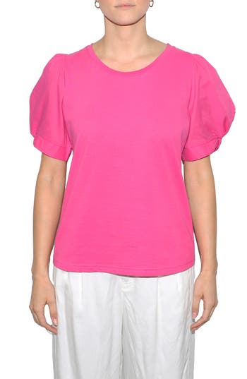 Shop Brave + True Brave+true Abigail Puff Sleeve Mixed Media Cotton Top In Hot Pink