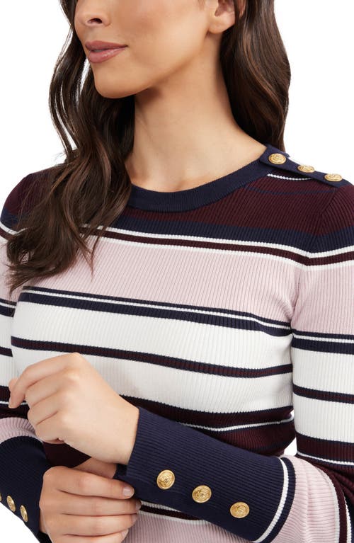 Ellen Tracy Stripe Ribbed Sweater In Wine Multi Stripe